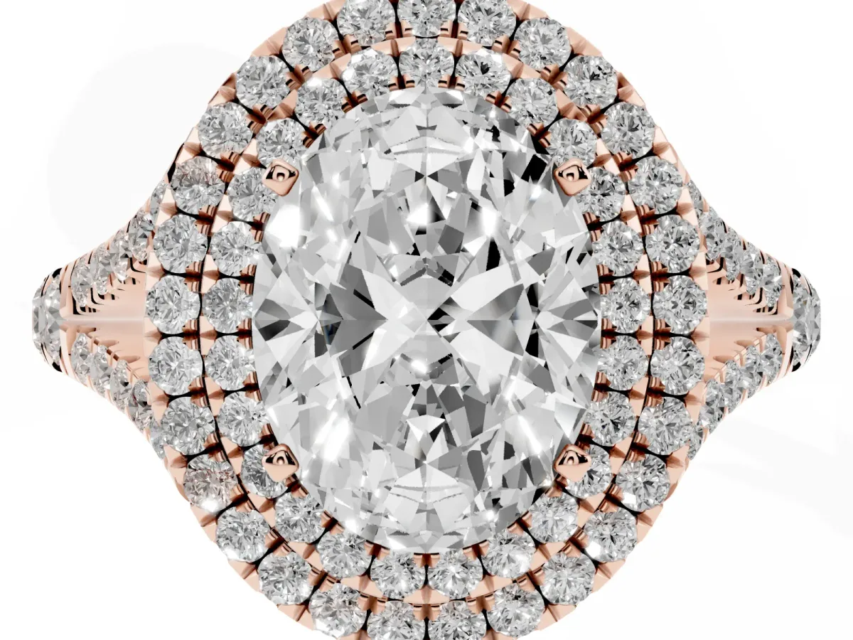 Oval Cut Cut Double Halo Split Shank Diamond Ring with Prong Setting Rose gold