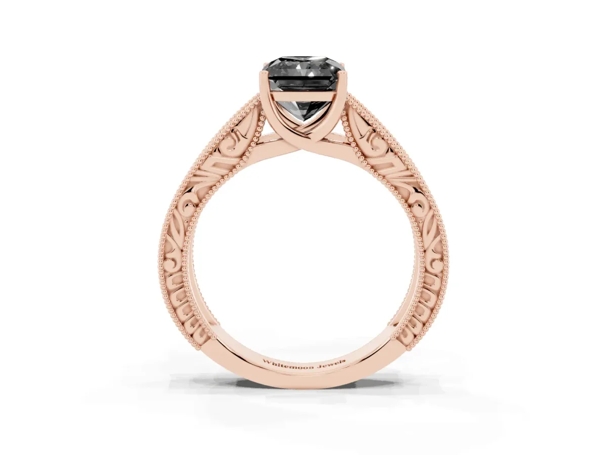 Fancy Black Radiant Cut Diamond Solitaire Ring with Engraved Band and Four-Prong Setting Rose gold