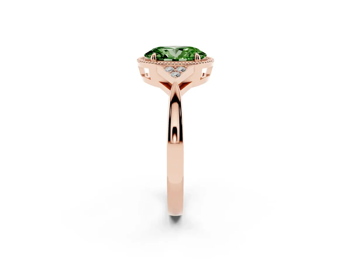 Fancy Green Hexagonal Halo Oval Cut Diamond Solitaire with Pavé Band and Four-Prong Setting Rose gold