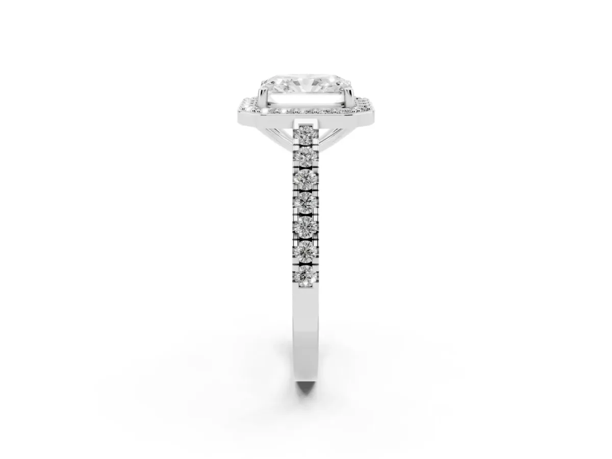Radiant Cut Diamond Halo Ring with Round Pavé Split Shank and Prong Setting Silver