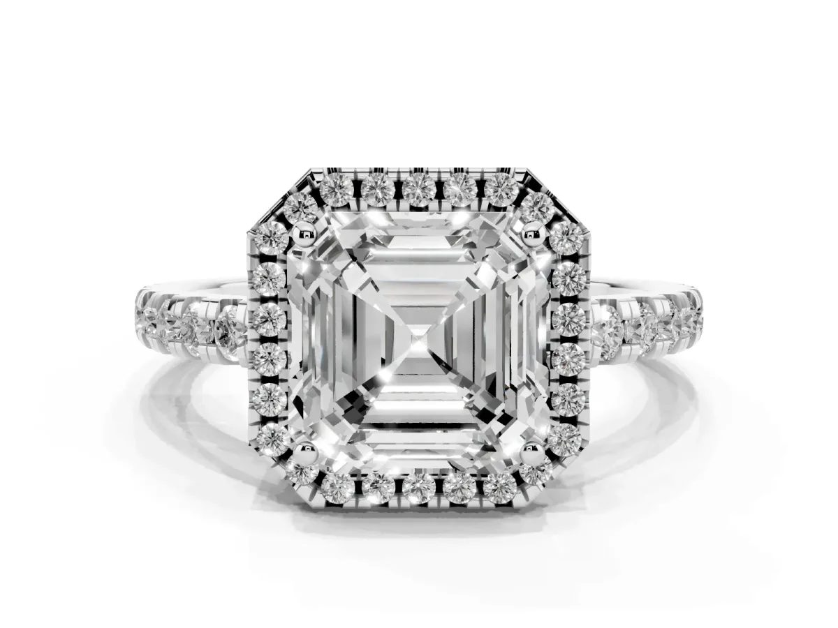 Asscher Cut Diamond Halo Ring with Pavé Band and Four-Prong Setting Silver