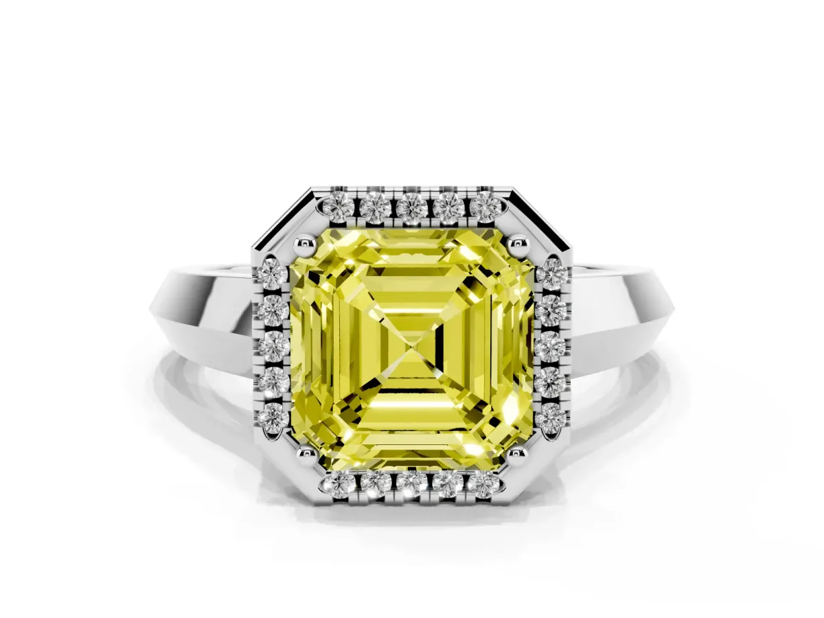 Fancy Yellow Asscher Cut Halo Diamond Ring with Cathedral Band and Four-Prong Setting Silver