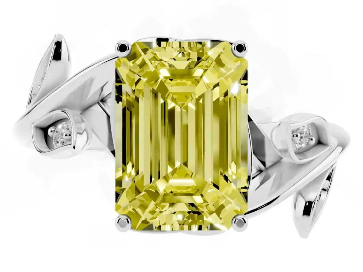 Fancy Yellow Emerald Cut Solitaire Twist Engagement Ring with Leaf Accents and Prong Setting Silver