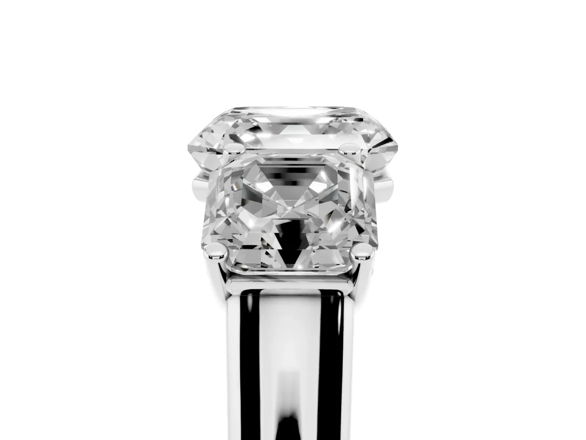 Asscher Cut Three-Stone Diamond Ring with Prong Setting on a Classic Band Platinum
