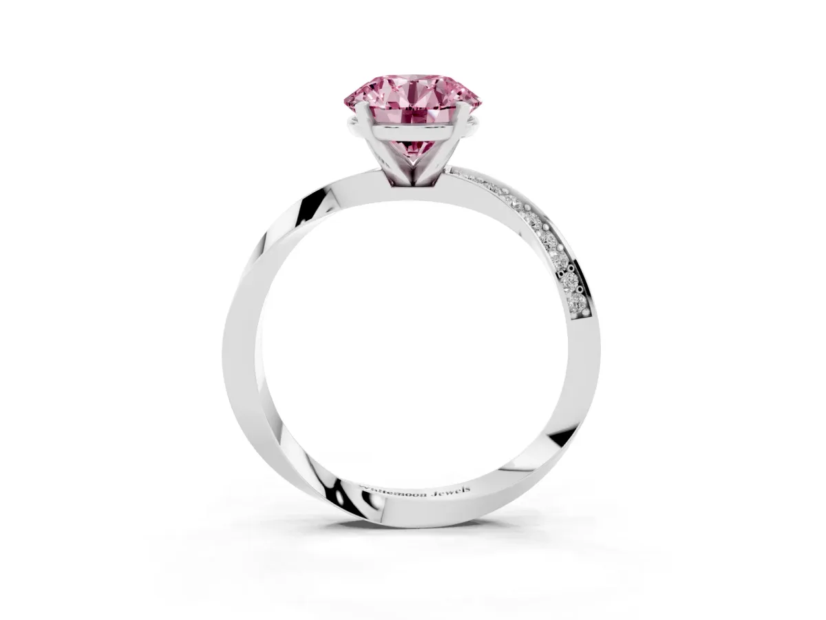 Fancy Pink Round Cut Diamond Engagement Ring with Side Stone Accents and Four-Prong Setting Silver