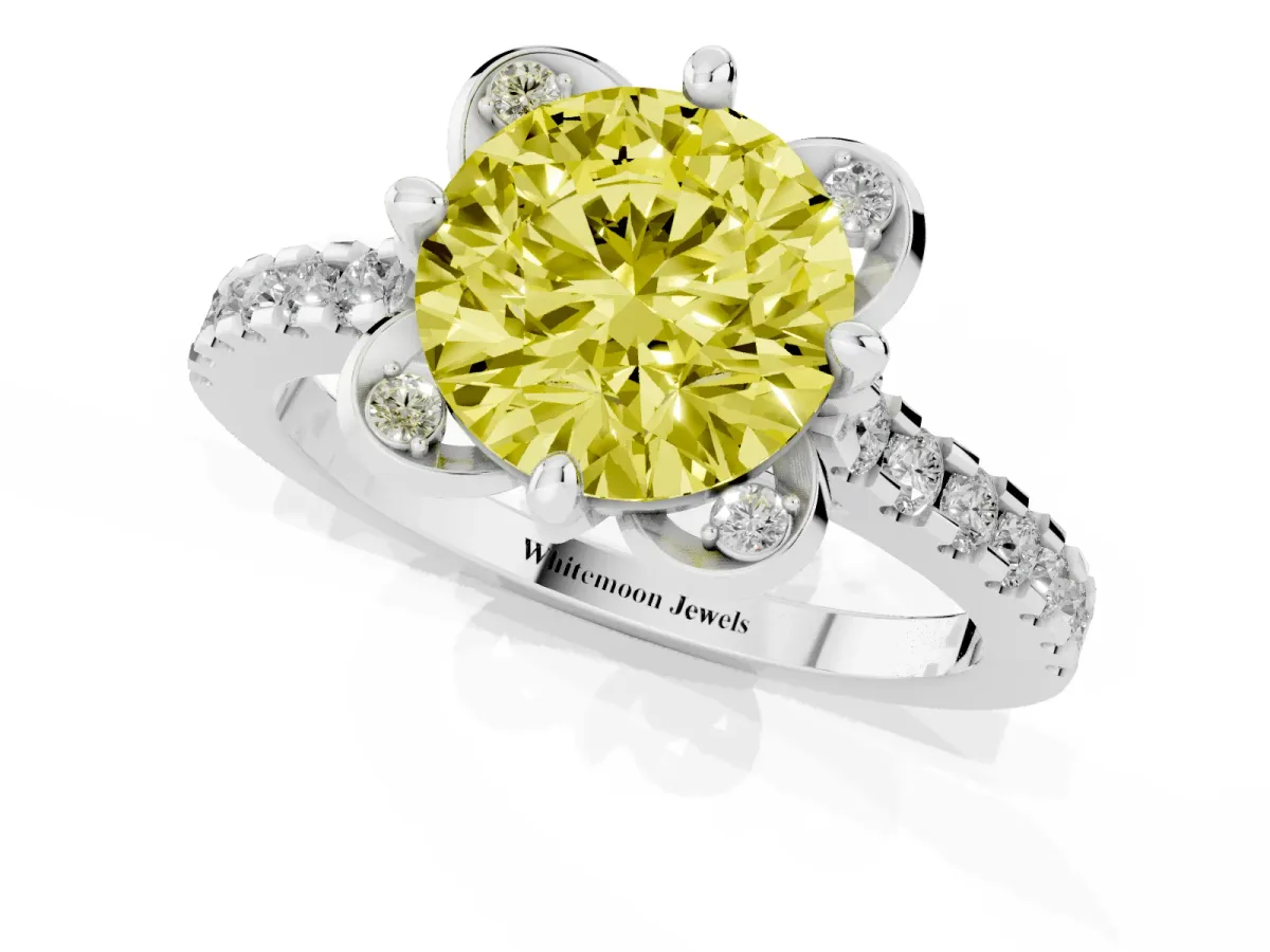 Fancy Yellow Round Cut Diamond Ring with Pavé Band and Floral Prong Setting White gold