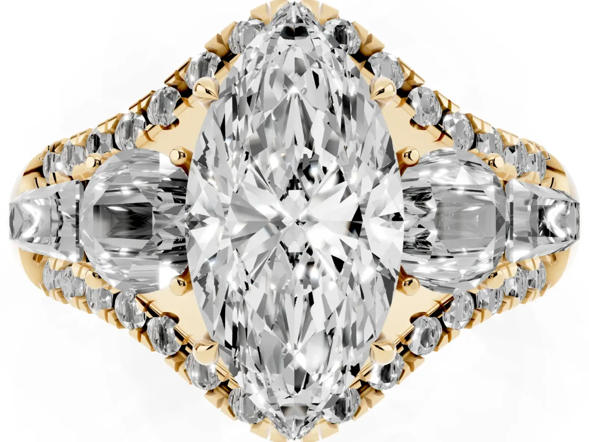 Three-Stone Marquise Cut Diamond Engagement Ring with Pave Band and Prong Setting Yellow gold