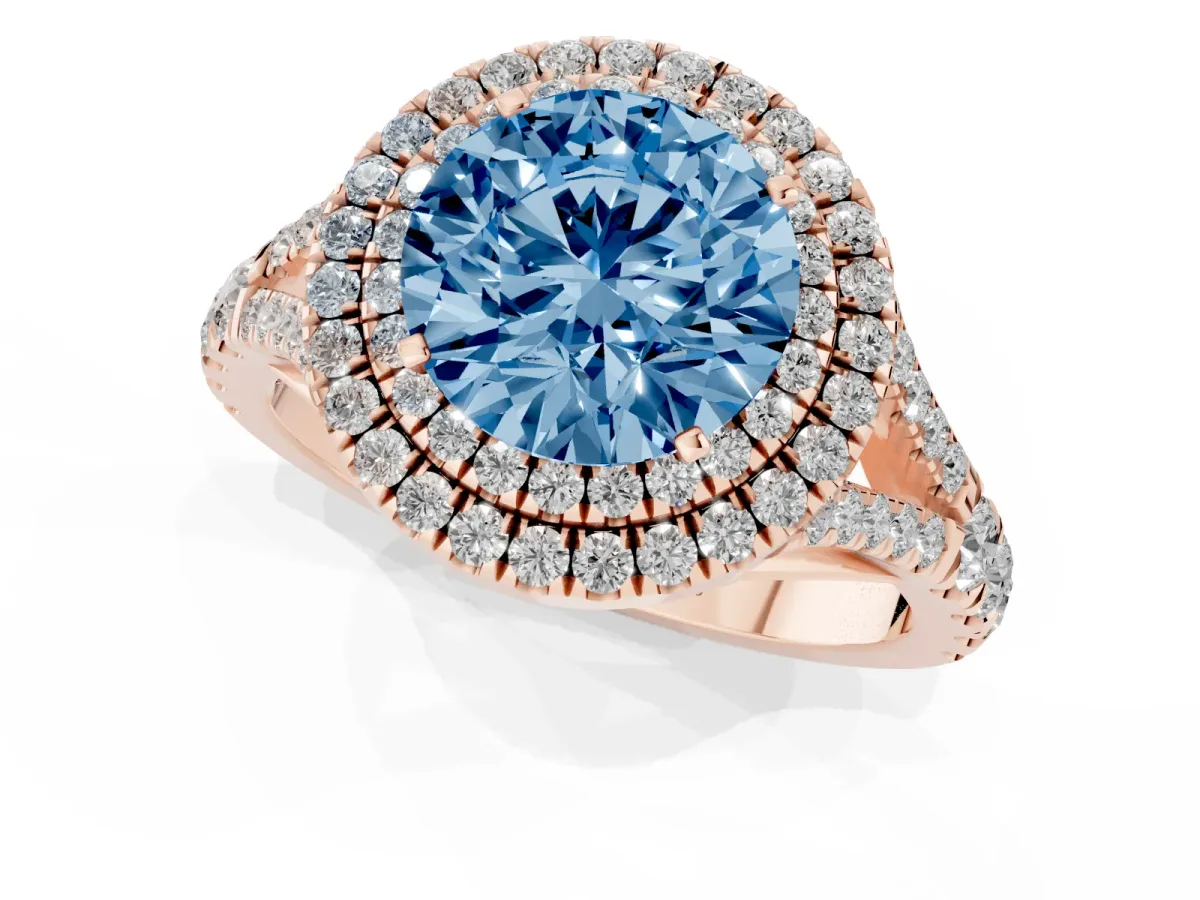 Fancy Blue Round Cut Cut Double Halo Split Shank Diamond Ring with Prong Setting Rose gold