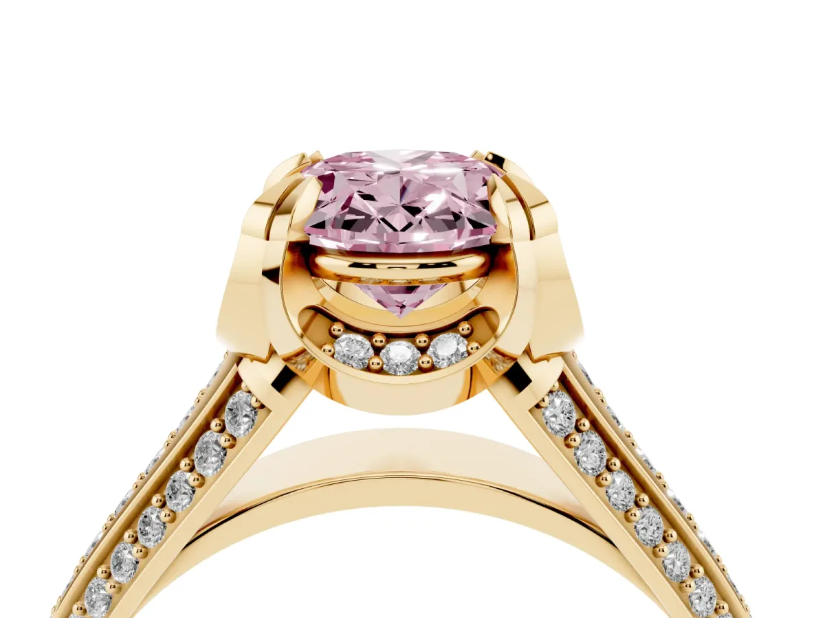 Fancy Pink Oval Cut Solitaire Pave Split Shank Ring with Four-Prong Setting Yellow gold