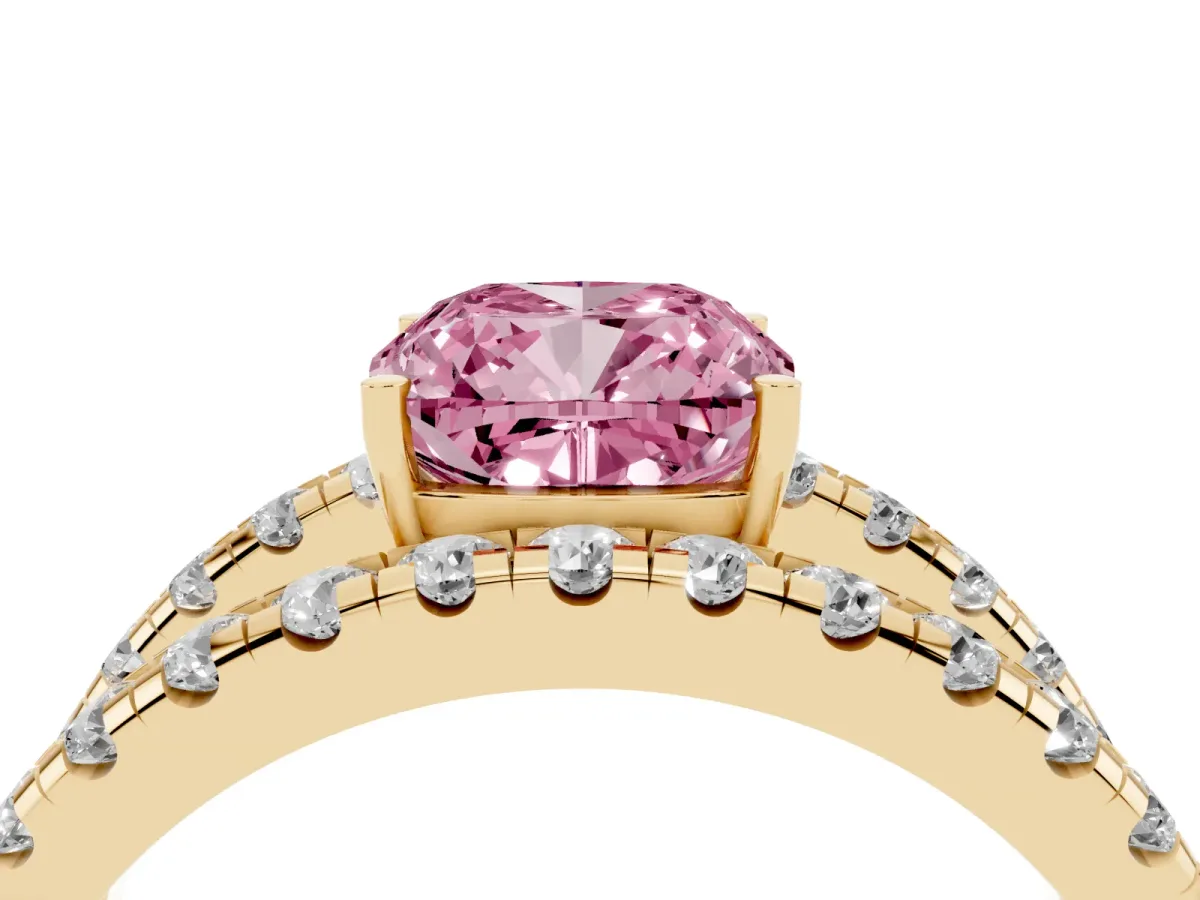 Fancy Pink Cushion Cut Solitaire Split Shank Pave Diamond Ring Yellow gold