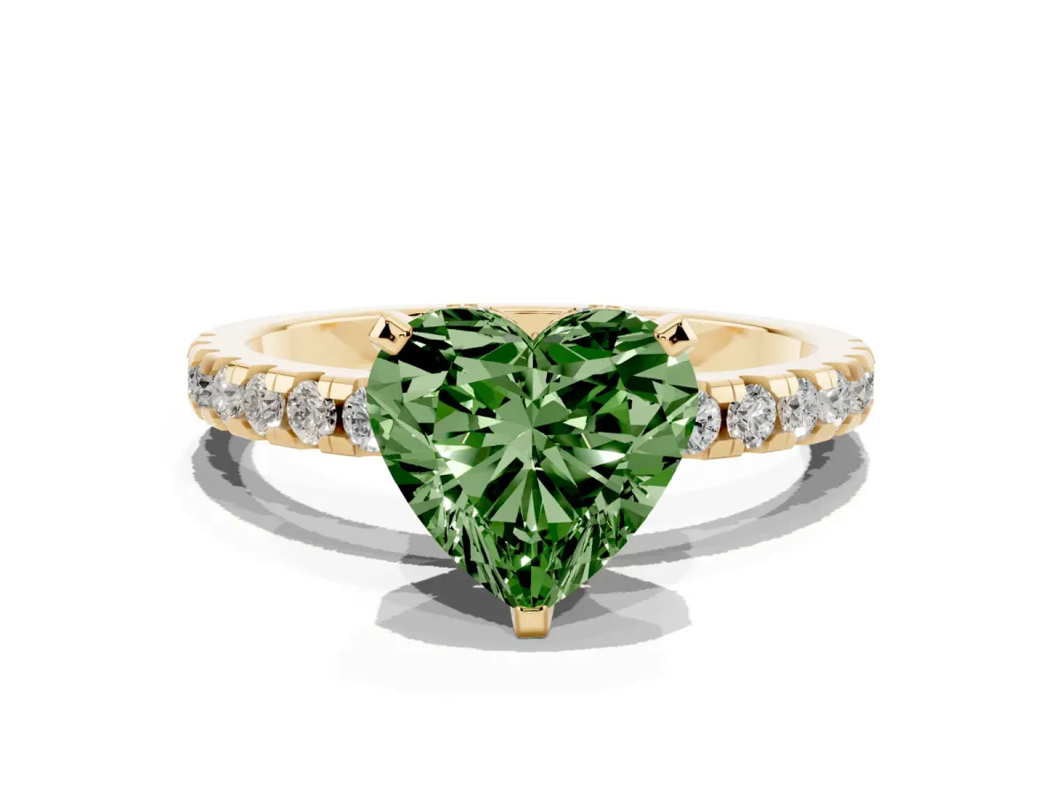 Fancy Green Heart Cut Diamond Solitaire Ring with Round Pavé Band and Four-Prong Setting Yellow gold