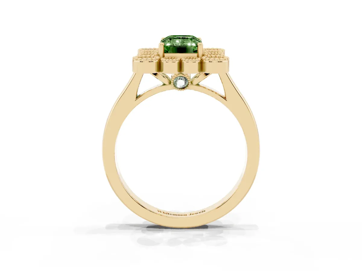 Fancy Green Emerald Cut Halo Diamond Cluster Engagement Ring with Milgrain Bezel Setting and Solitaire Band Yellow gold