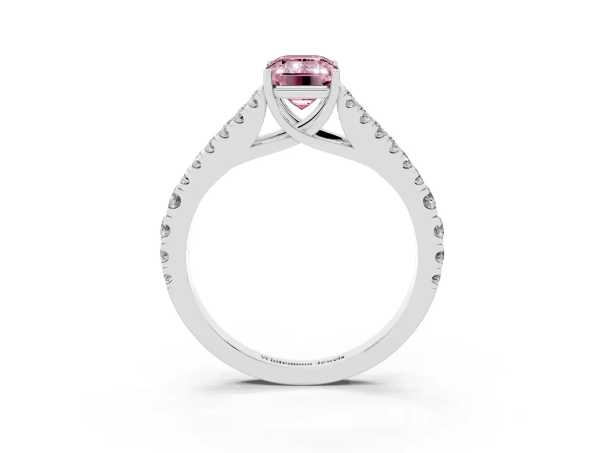Fancy Pink Emerald Cut Diamond Split Shank Pavé Engagement Ring with Four-Prong Setting Platinum