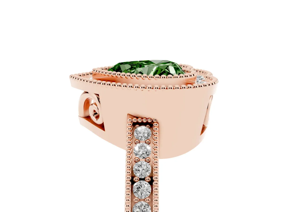 Fancy Green Heart Cut Cut Halo Diamond Ring with Pavé Band and Milgrain Prong Setting Rose gold
