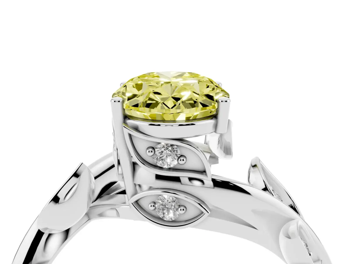 Fancy Yellow Oval Cut Solitaire Twist Engagement Ring with Leaf Accents and Prong Setting Silver