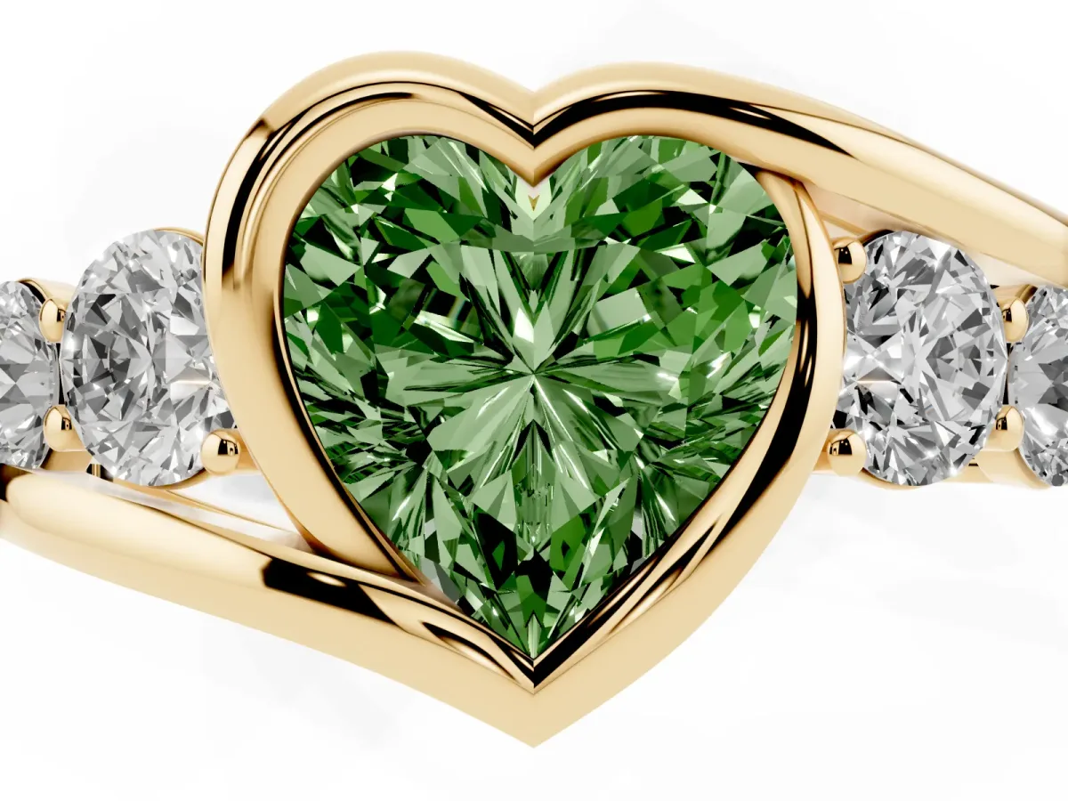 Fancy Green Bezel Set Heart Cut Diamond Bypass Ring with Round Accents Yellow gold