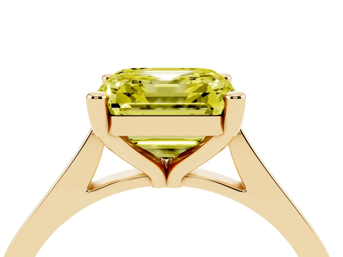 Fancy Yellow Asscher Cut Solitaire Diamond Ring with Four-Prong Setting and Tapered Band Yellow gold