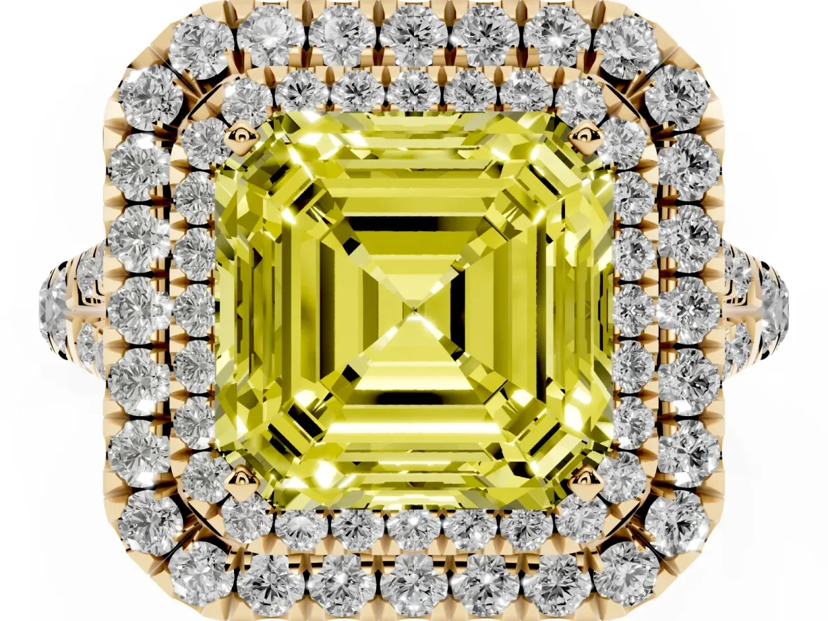 Fancy Yellow Asscher Cut Cut Double Halo Split Shank Diamond Ring with Prong Setting Yellow gold