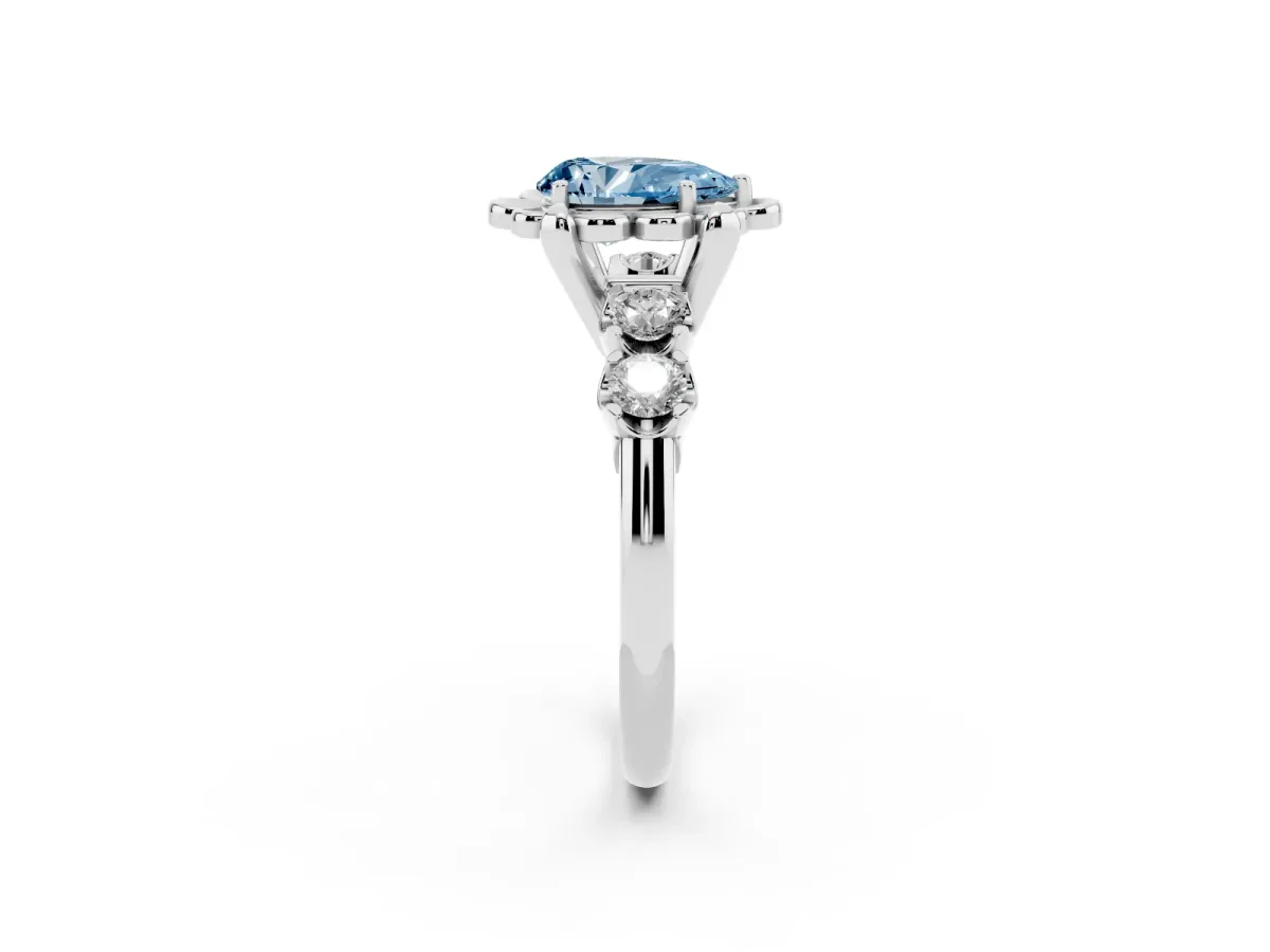 Fancy Blue Pear Cut Cut Diamond Floral Halo Engagement Ring with Shared Prong Setting Silver
