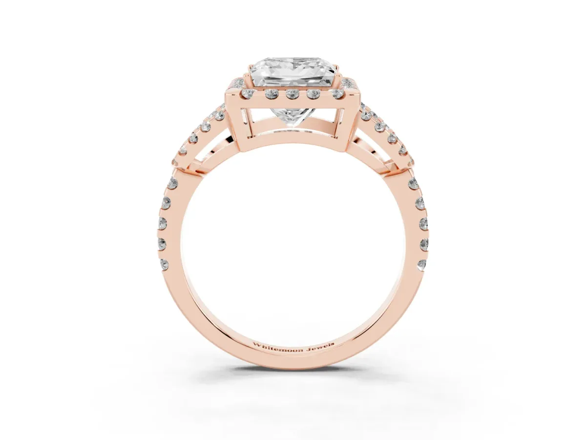 Princess Cut Cut Diamond Halo Engagement Ring with Open Split Pavé Band Rose gold