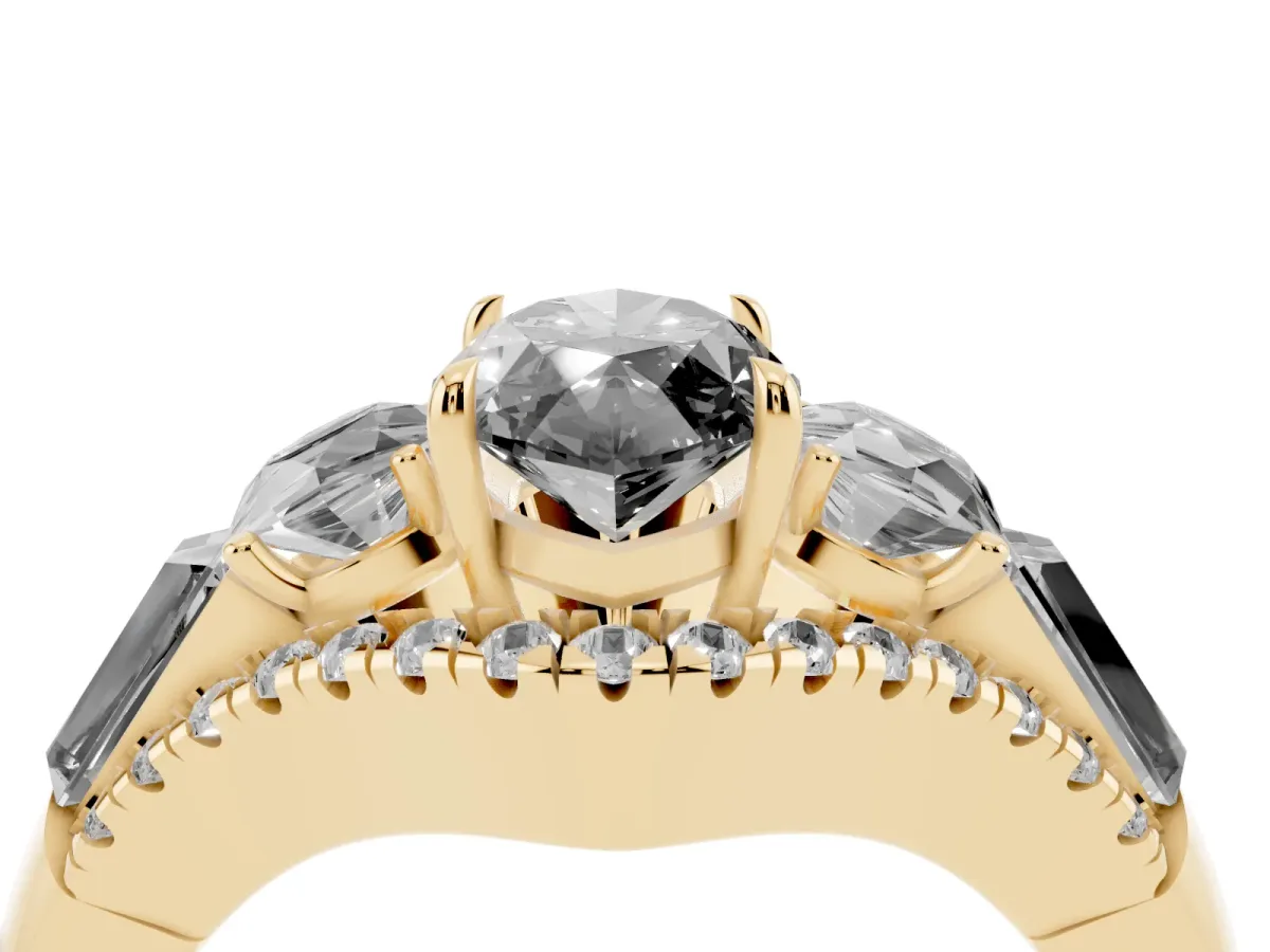 Fancy Black Three-Stone Marquise Cut Diamond Engagement Ring with Pave Band and Prong Setting Yellow gold