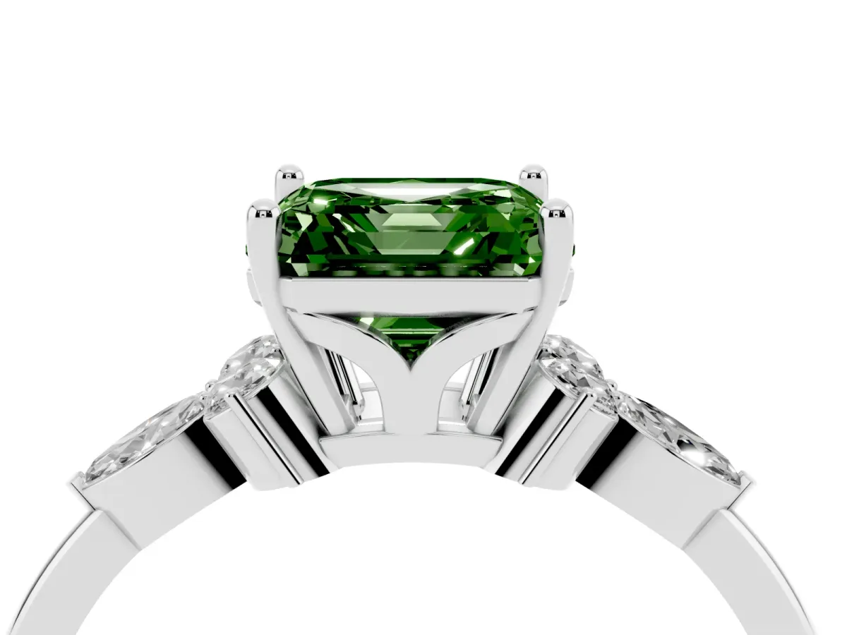 Fancy Green Asscher Cut Brilliant Diamond Solitaire Ring with Pear Side Stones and Four-Prong Setting Platinum