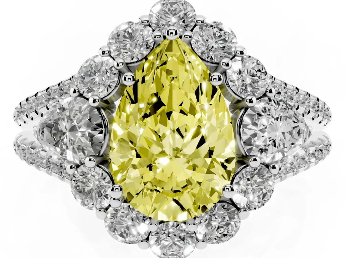 Fancy Yellow Pear Cut Halo Split Shank Diamond Engagement Ring with Prong Setting Platinum