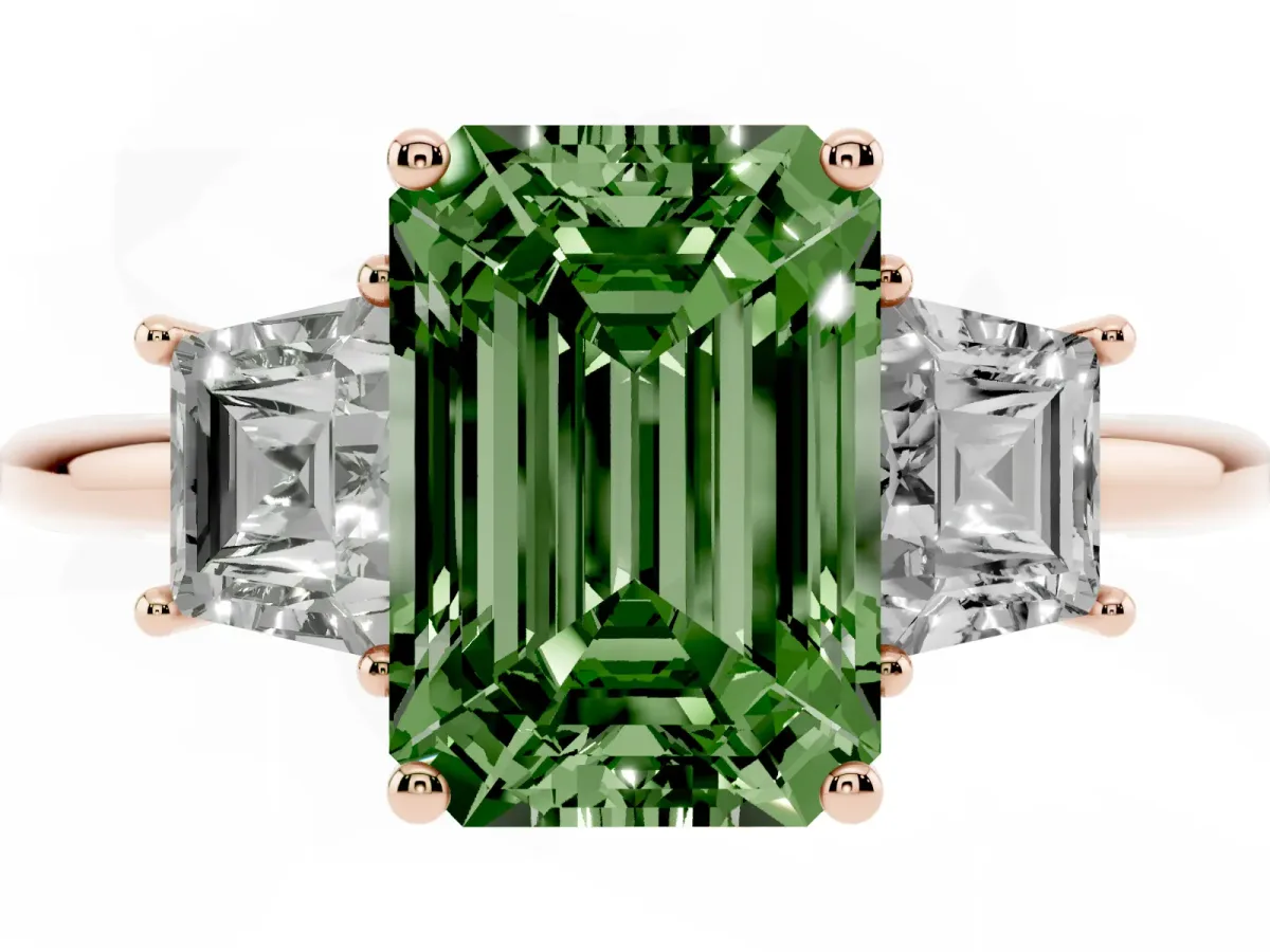 Fancy Green Emerald Cut Diamond Three-Stone Ring with Trapezoid Side Stones and Prong Setting Rose gold