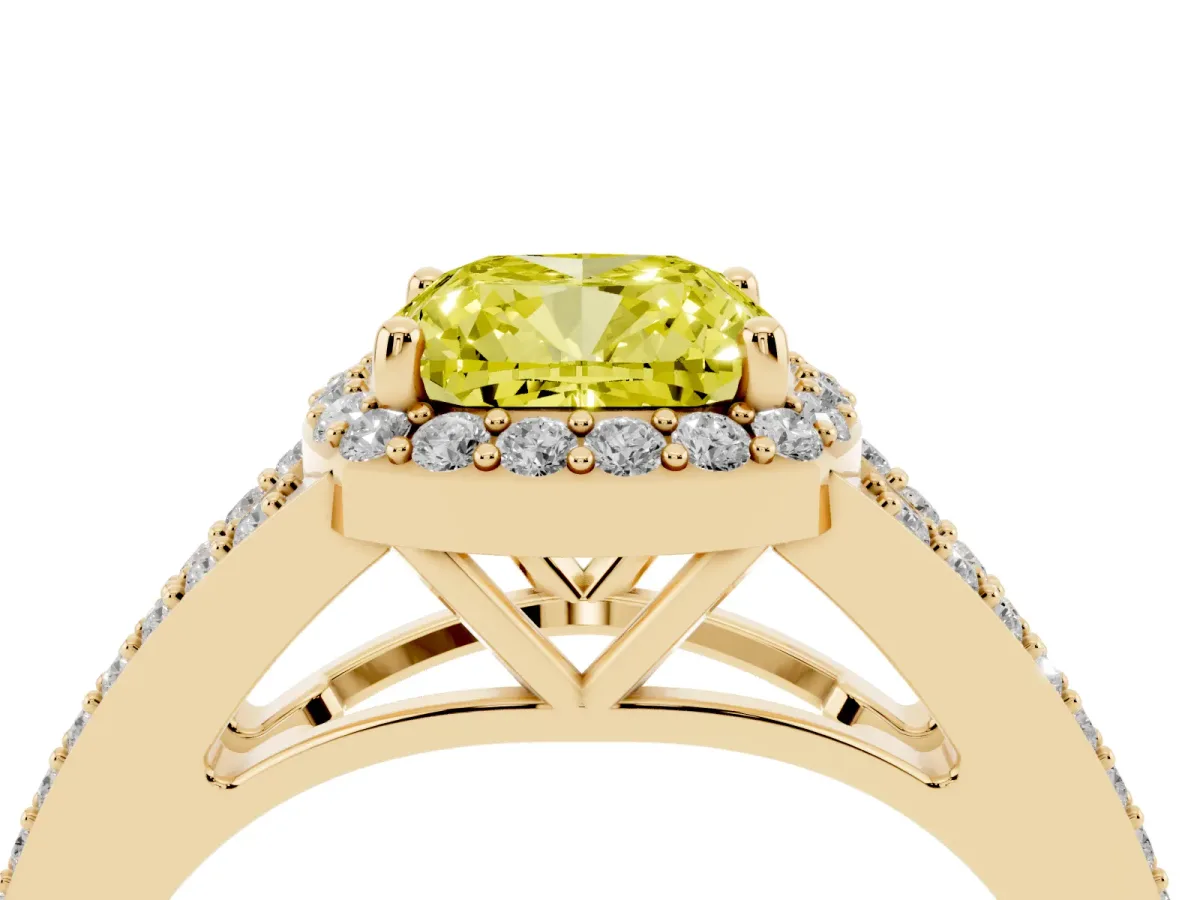 Fancy Yellow Cushion Cut Halo Split Shank Diamond Ring with Prong Setting Yellow gold