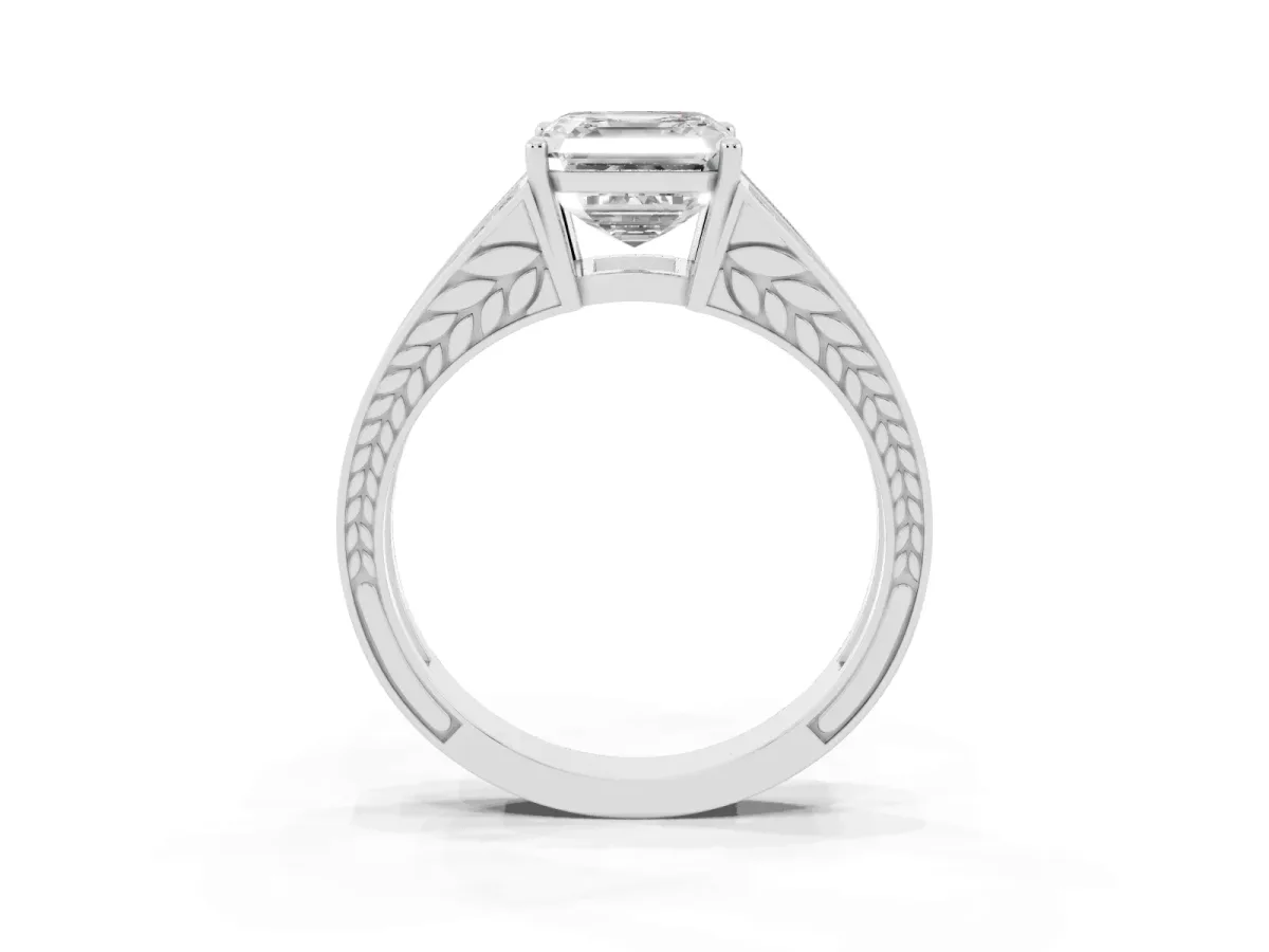 Asscher Cut Diamond Split Shank Ring with Pavé Band and Four-Prong Setting White gold