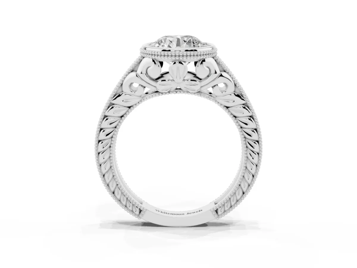 Bezel Set Round Cut Diamond Milgrain Pave Engagement Ring Silver