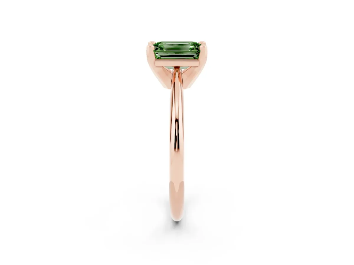 Fancy Green Emerald Cut Cut Solitaire Ring with Four-Prong Setting on a Classic Band Rose gold