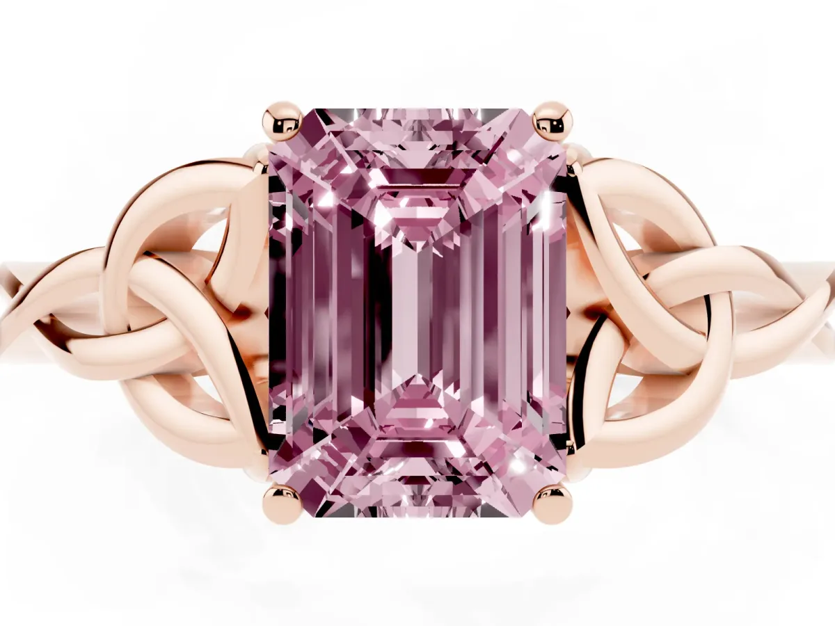 Fancy Pink Emerald Cut Diamond Solitaire Engagement Ring with Celtic Knot Band and Four-Prong Setting Rose gold