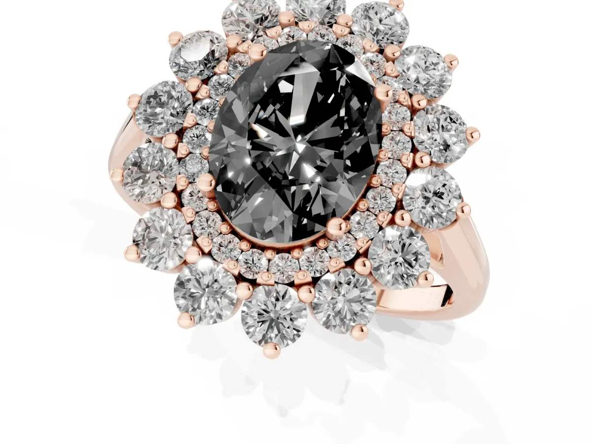 Fancy Black Oval Cut Diamond Floral Double Halo Engagement Ring with Prong Setting Rose gold