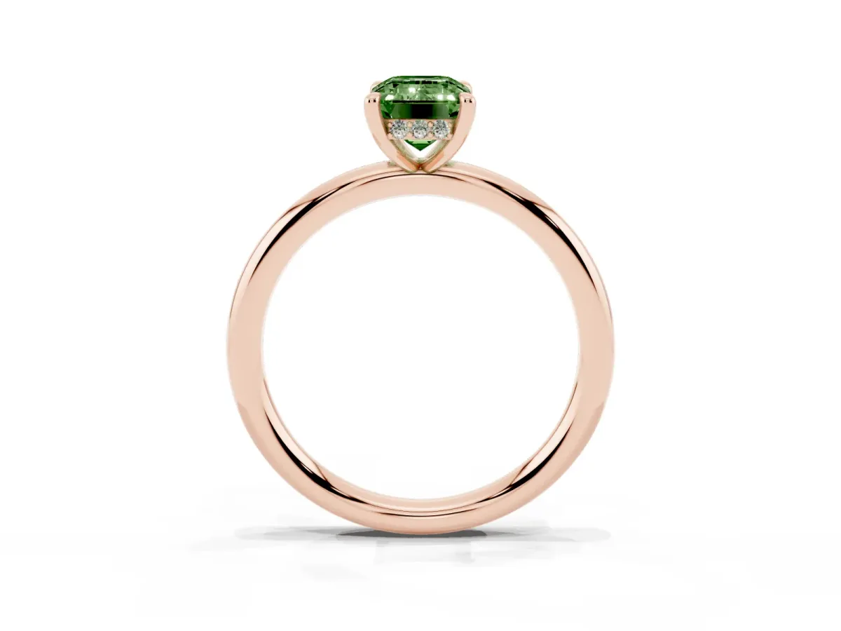 Fancy Green Emerald Cut Diamond Solitaire Ring with Thin Band and Four-Prong Setting Rose gold