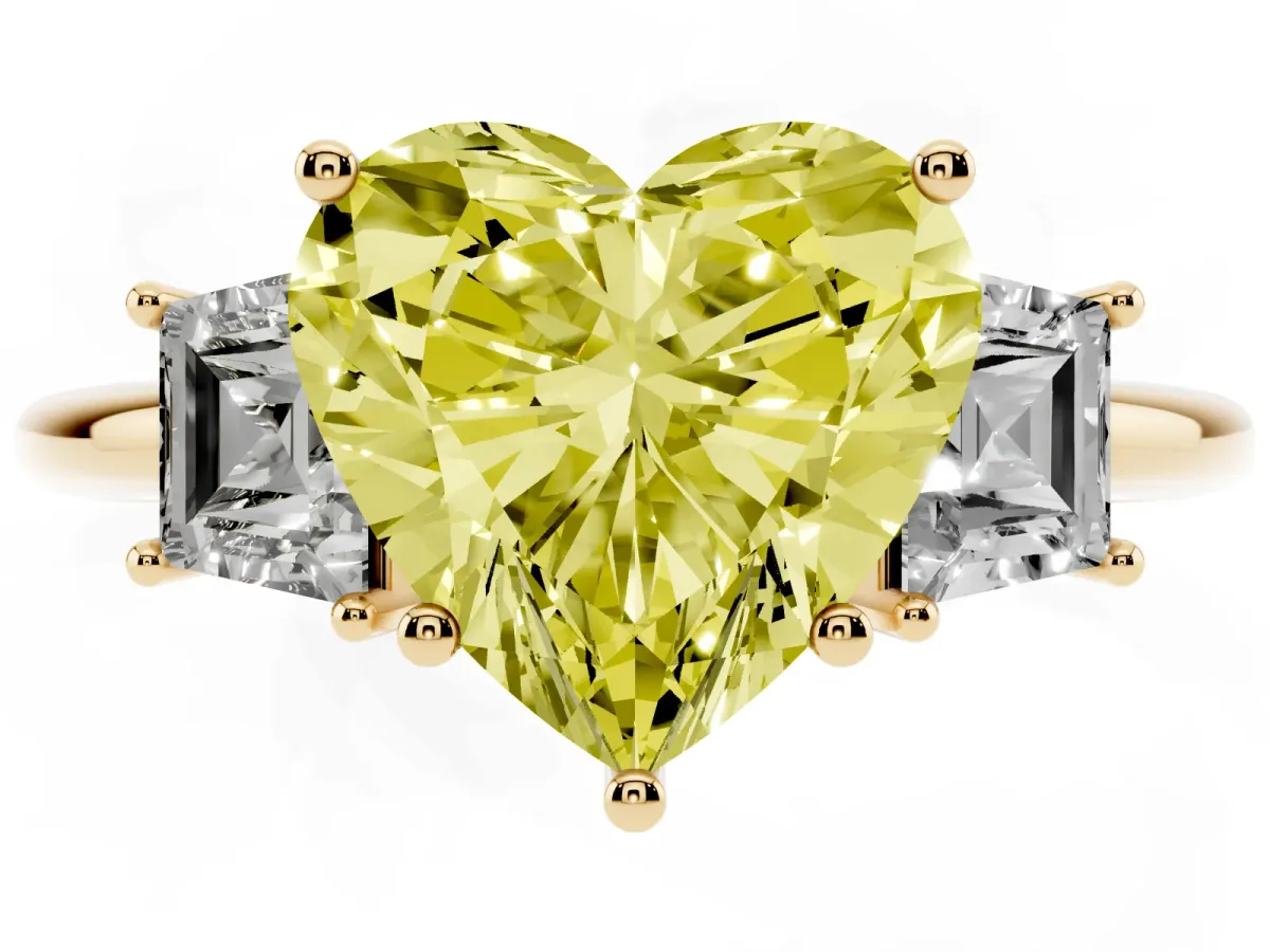 Fancy Yellow Heart Cut Diamond Three-Stone Ring with Trapezoid Side Stones and Prong Setting Yellow gold