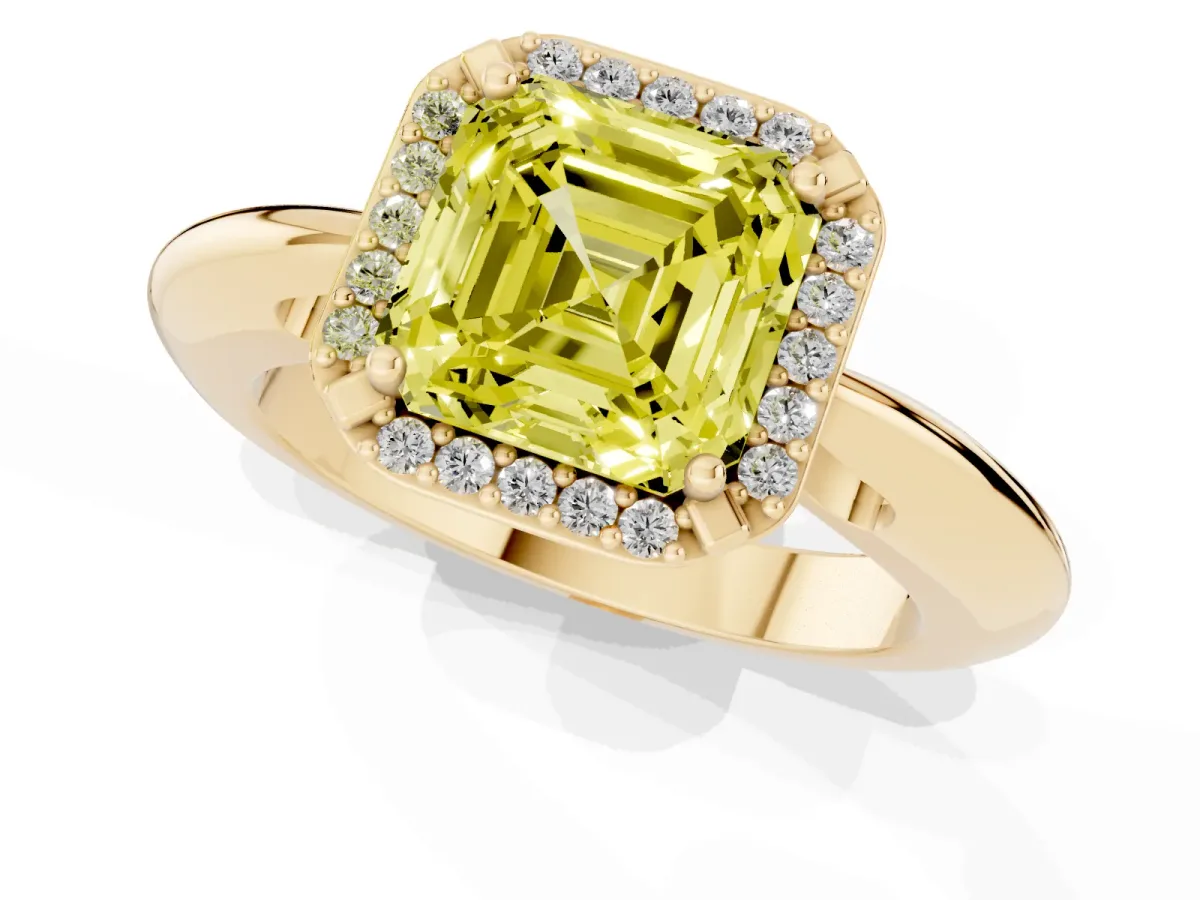 Fancy Yellow Asscher Cut Cut Diamond Halo Engagement Ring with Split Shank and Four-Prong Setting Yellow gold