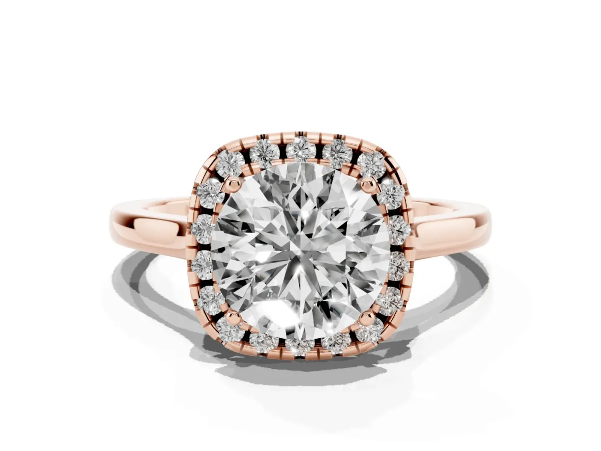 Round Cut Halo Round Diamond Solitaire Ring with Pavé Band and Four-Prong Setting Rose gold