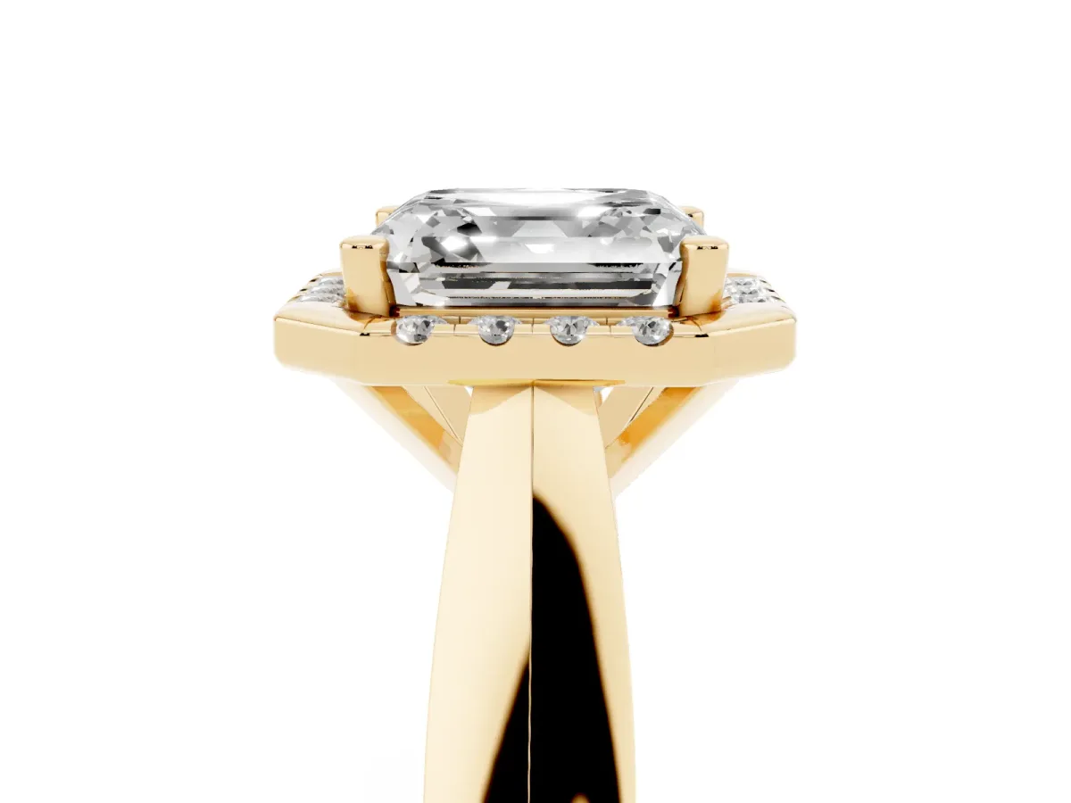 Asscher Cut Cut Halo Solitaire Engagement Ring with Square Band and Four-Prong Setting Yellow gold