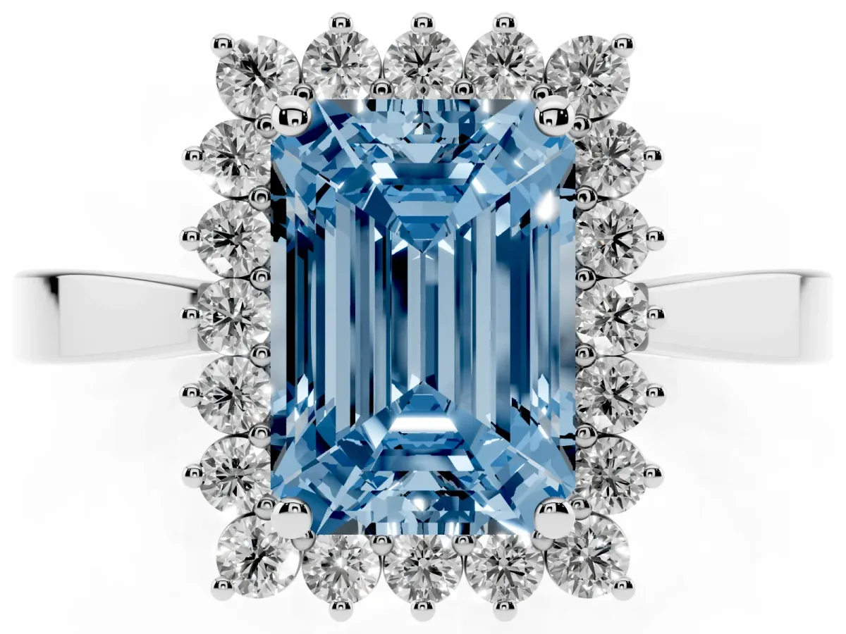 Fancy Blue Emerald Cut Cut Diamond Halo Ring with Round Brilliant Halo and Solitaire Band Silver
