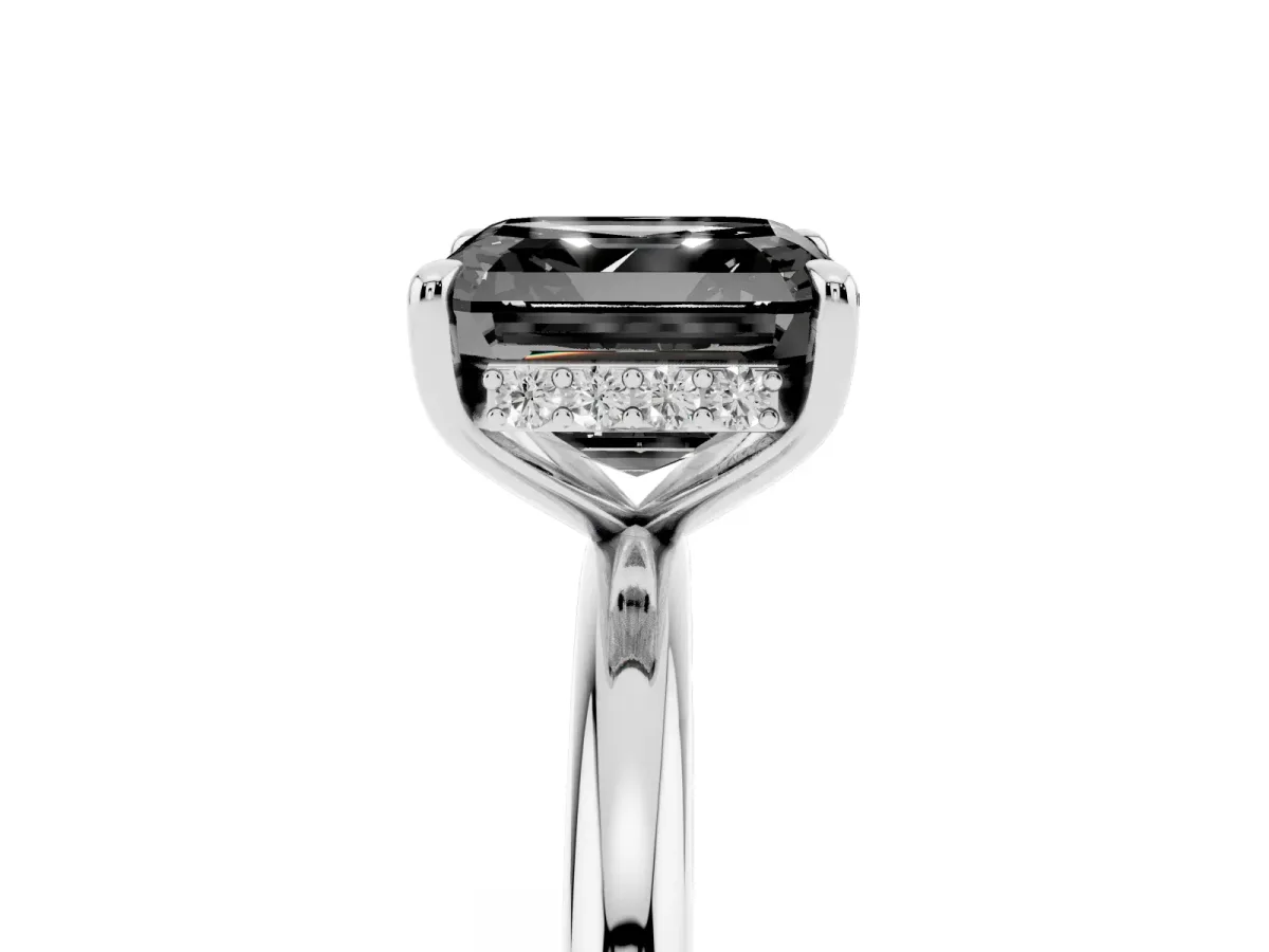 Fancy Black Asscher Cut Diamond Solitaire Ring with Thin Band and Four-Prong Setting Silver