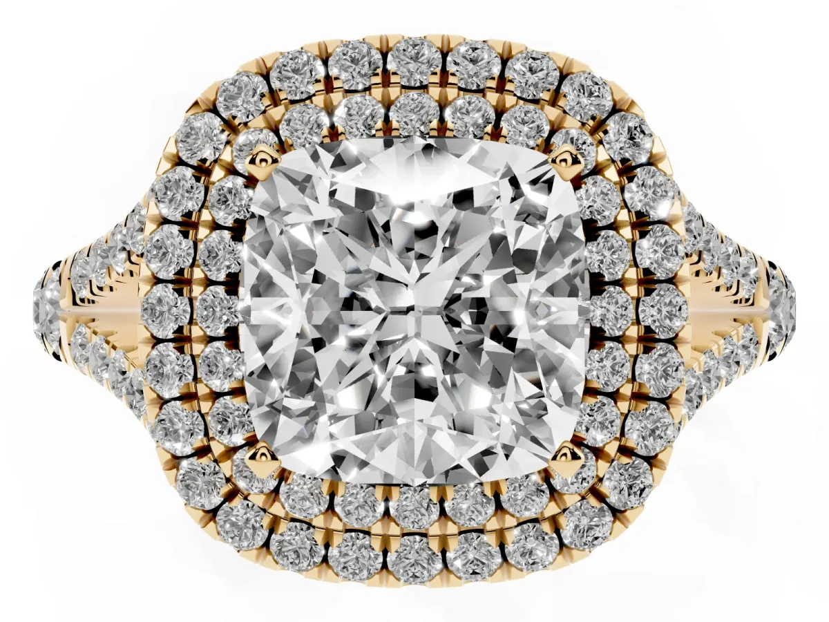 Cushion Cut Diamond Pavé Split Shank Double Halo Engagement Ring Yellow gold