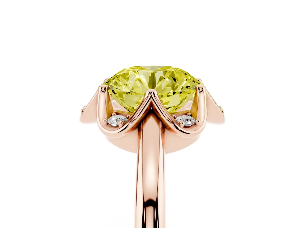 Fancy Yellow Round Cut Halo Diamond Ring with Round Cluster Setting, Solitaire Band, and Four-Prong Setting Rose gold