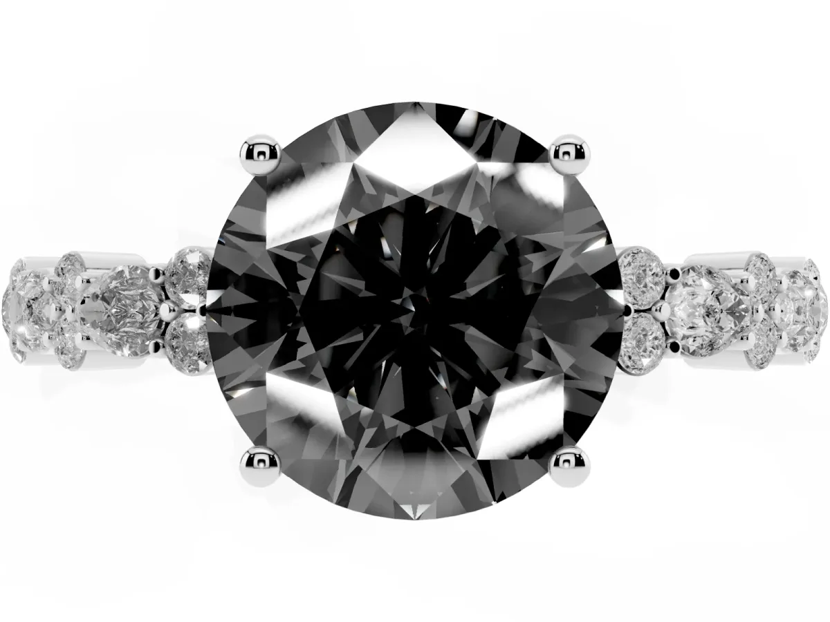 Fancy Black Round Cut Diamond Side Stone Solitaire Ring with Round and Four-Prong Setting Silver