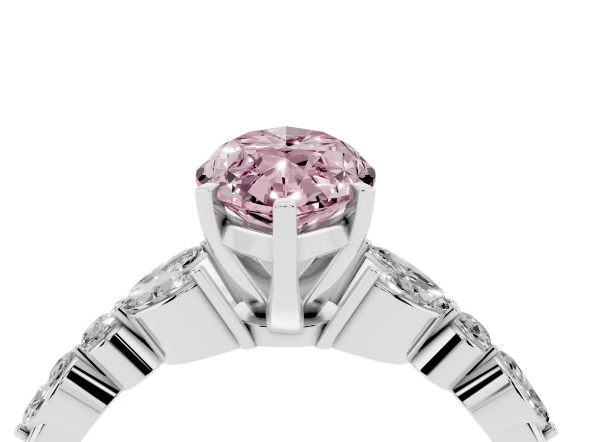 Fancy Pink Marquise Cut Diamond Solitaire Ring with Side Stones and Four-Prong Setting Silver