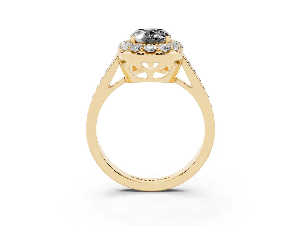 Fancy Black Oval Cut Diamond Floral Halo Ring with Pavé Band and Prong Setting Yellow gold