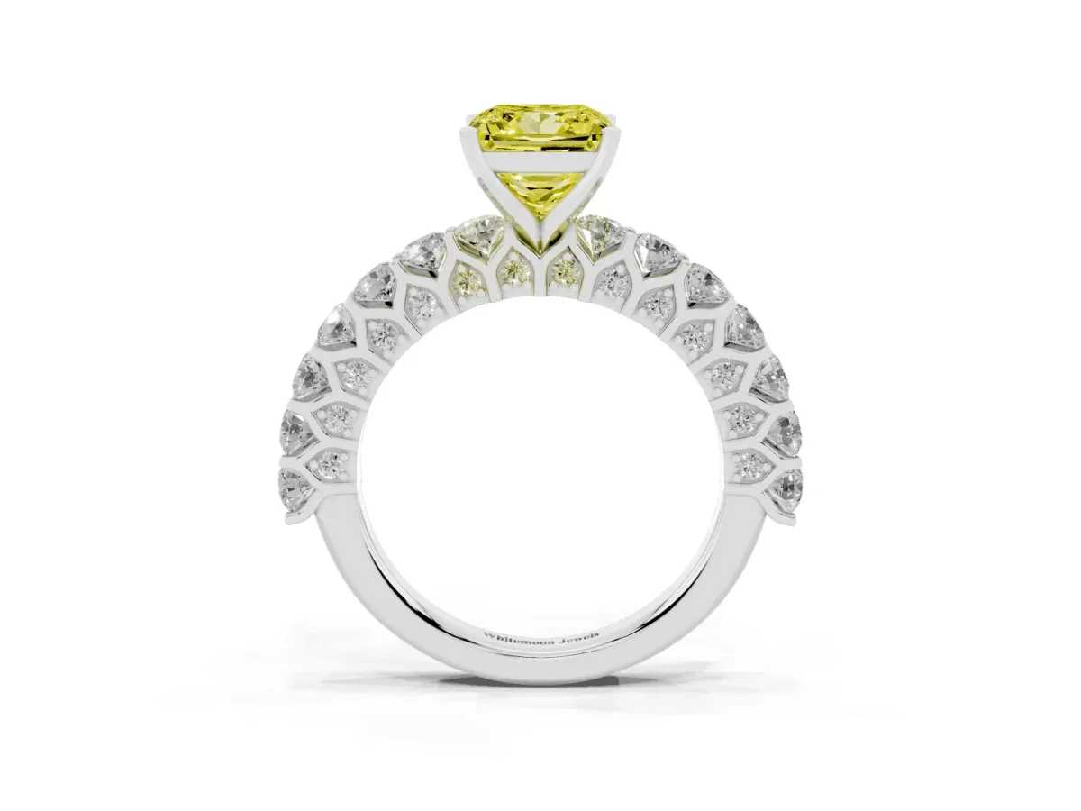 Fancy Yellow Princess Cut Diamond Solitaire Ring with Shared Prong Pavé Band and Four-Prong Setting White gold
