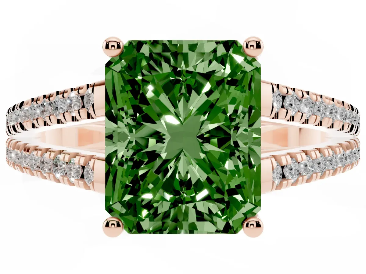 Fancy Green Radiant Cut Diamond Solitaire Engagement Ring with Split Shank Pavé Band Rose gold
