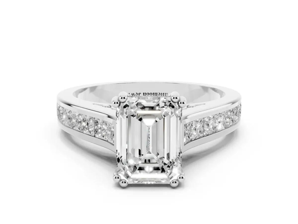 Emerald Cut Cut Channel Set Solitaire Engagement Ring with Prong Setting Platinum