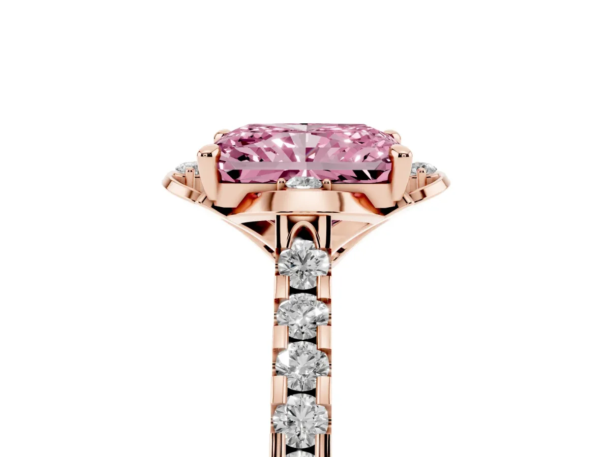 Fancy Pink Radiant Cut Diamond Ring with Pavé Band and Floral Prong Setting Rose gold